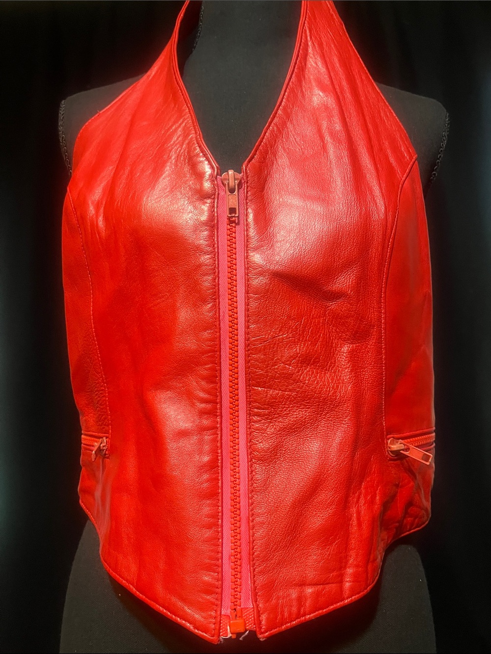 Women’s Red Leather Halter Zip Vest